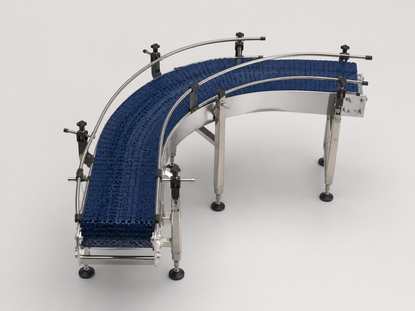 Blue modular curved conveyor system